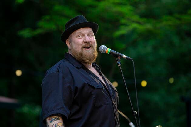 The Dresden reggae and ska band Yellow Umbrella on the picture Dr Ring Ding during their performance at the Weißer Hirsch concert venue in Dresden