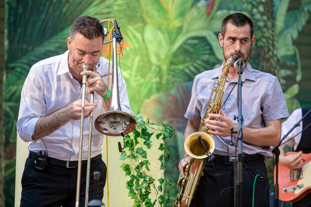 The Dresden reggae and ska band Yellow Umbrella during their performance at the concert site Weißer Hirsch in Dresden