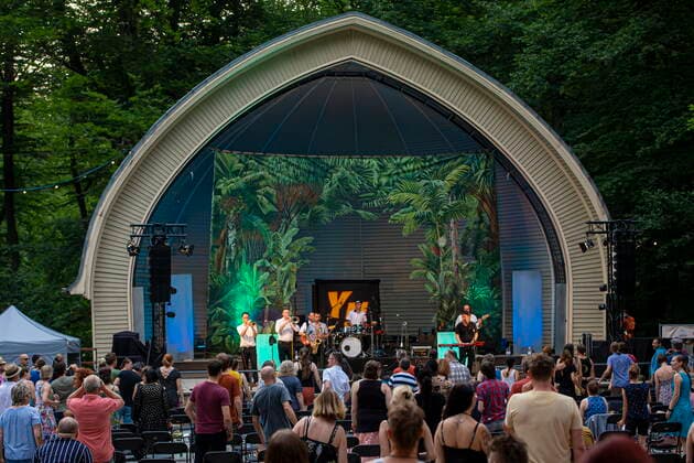 The Dresden reggae and ska band Yellow Umbrella during their performance at the concert site Weißer Hirsch in Dresden