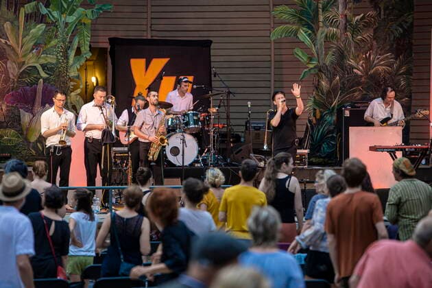 The Dresden reggae and ska band Yellow Umbrella during their performance at the concert site Weißer Hirsch in Dresden