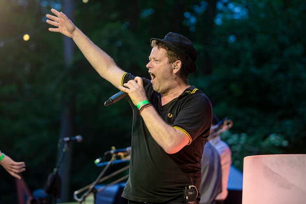 The Dresden Reggae and Ska Band Yellow Umbrella on the picture singer keyboarder Jens Strohschnieder during their performance at the concert place Weißer Hirsch in Dresden