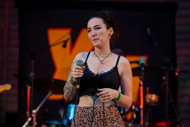 The Dresden Reggae and Ska Band Yellow Umbrella on the picture Veronika Kralacek during their performance at the concert place Weißer Hirsch in Dresden