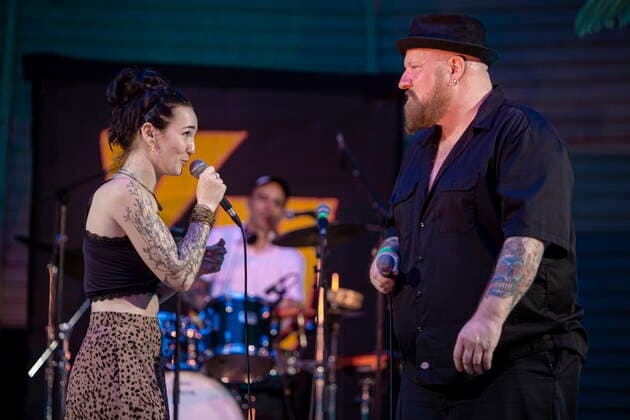 The Dresden Reggae and Ska Band Yellow Umbrella on the picture Veronika Kralacek and Dr Ring Ding during their performance on the concert place Weißer Hirsch in Dresden