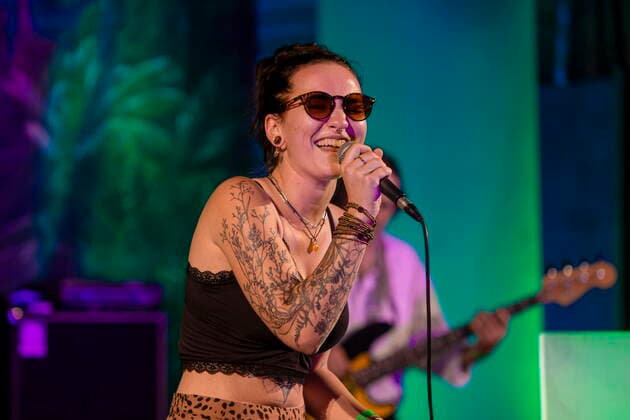 The Dresden Reggae and Ska Band Yellow Umbrella on the picture Veronika Kralacek during their performance at the concert place Weißer Hirsch in Dresden