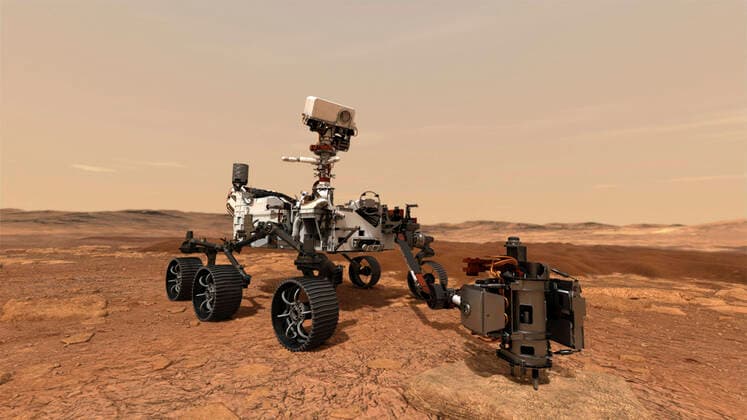 IMAGO Creative: Planeten im Sonnensystem Mars - Symbolbilder Artist s concept of the Perseverance rover using its drill to core a rock sample on Mars. Copyright: StocktrekxImages STK204843S
