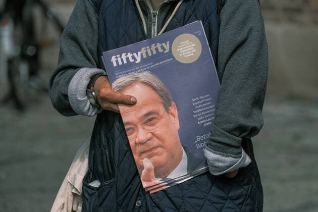 Dusseldorf 22 06 2021 homeless homeless magazine Fiftyfifty Armin Laschet on the cover housing shortage Dusseldorf North Rhine Westphalia Germany