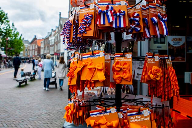 Articles in the colors of the Dutch national team are for sale in Middelburg Zeeland Netherlands Oranje
