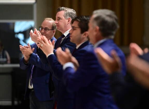June 23, 2021, Ottawa, on, Canada: Members of the Conservative caucus applaud Conservative Leader Erin O Toole following his address to the Conservative caucus during a meeting in Ottawa on Wednesday, June 23, 2021. Ottawa Canada  - ZUMAc35_ 20210623_zaf_c35_002 Copyright: xSeanxKilpatrickx