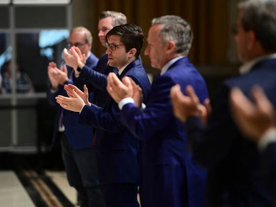 June 23, 2021, Ottawa, on, Canada: Members of the Conservative caucus applaud Conservative Leader Erin O Toole following his address to the Conservative caucus during a meeting in Ottawa on Wednesday, June 23, 2021. Ottawa Canada  - ZUMAc35_ 20210623_zaf_c35_004 Copyright: xSeanxKilpatrickx