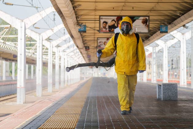 (210624) -- MOSCOW, June 24, 2021 -- A municipal employee wearing a protective suit disinfects a railway station in Moscow, Russia, on June 24, 2021. Russia logged 20,182 new coronavirus infections over the past 24 hours, the highest daily increase since Jan. 24, taking the nationwide tally to 5,388,695, the official monitoring and response center said Thursday. (Photo by Xinhua) RUSSIA-MOSCOW-COVID-19-DISINFECTION AlexanderxZemlianichenkoxJr