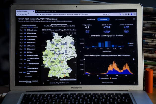 Coronavirus in Germany Covid 19 Dashboard of the Robert Koch Institute 25 06 2021 Robert Koch Institute 7 days Incidence 6.2 7 days Number of cases 5 153 COVID 19 cases 3 725 580 Addition by 774 compared to the previous day COVID 19 deaths 90 678 Addition by 62 compared to the previous day