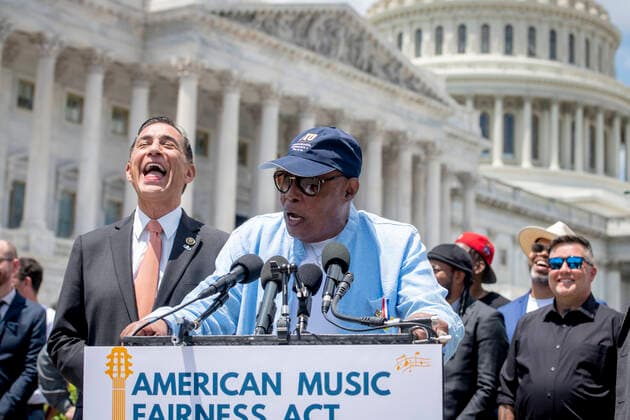 United States Representative Darrell Issa (Republican of California), left, listens while singer Sam Moore offers remarks during a press conference to introduce the American Music Fairness Act outside of the the US Capitol in Washington, DC, Thursday, June 24, 2021. Copyright: xPoolxviaxCNPx MediaPunchx