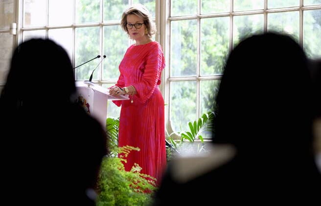 Queen Mathilde of Belgium pictured during a ceremony to award the Queen Mathilde Award 2021, in Brussels, Friday 25 June 2021. The winner of the Award is Debateville, an association with expression worshops for youngs to help express ideas.  ERICxLALMAND 06086717