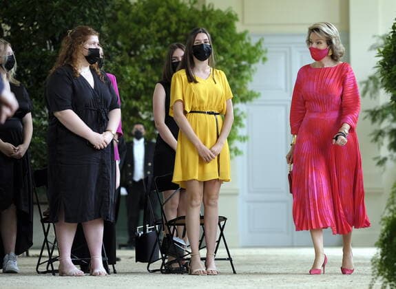 Queen Mathilde of Belgium pictured during a ceremony to award the Queen Mathilde Award 2021, in Brussels, Friday 25 June 2021. The winner of the Award is Debateville, an association with expression worshops for youngs to help express ideas.  ERICxLALMAND 06086711