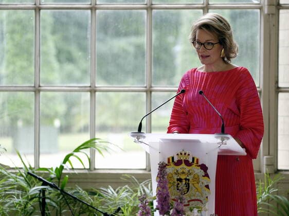 Queen Mathilde of Belgium pictured during a ceremony to award the Queen Mathilde Award 2021, in Brussels, Friday 25 June 2021. The winner of the Award is Debateville, an association with expression worshops for youngs to help express ideas.  ERICxLALMAND 3018351