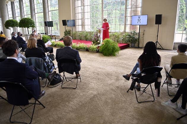 Queen Mathilde of Belgium pictured during a ceremony to award the Queen Mathilde Award 2021, in Brussels, Friday 25 June 2021. The winner of the Award is Debateville, an association with expression worshops for youngs to help express ideas.  ERICxLALMAND 06086706