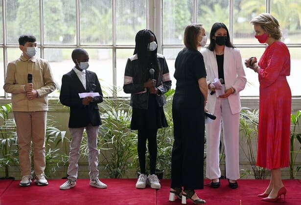 Queen Mathilde of Belgium pictured during a ceremony to award the Queen Mathilde Award 2021, in Brussels, Friday 25 June 2021. The winner of the Award is Debateville, an association with expression worshops for youngs to help express ideas.  ERICxLALMAND 3018358