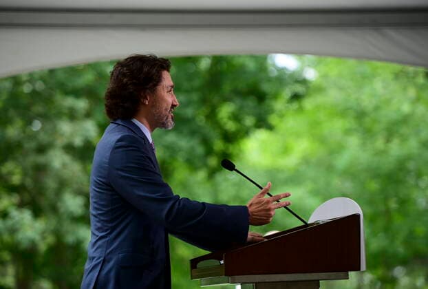 June 25, 2021, Ottawa, on, Canada: Prime Minister Justin Trudeau holds a press conference at Rideau Cottage in Ottawa on Friday, June 25, 2021. Ottawa Canada  - ZUMAc35_ 20210625_zaf_c35_014 Copyright: xSeanxKilpatrickx