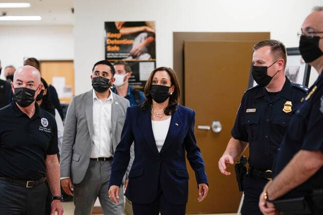 U.S. Vice President Kamala Harris and Department of Homeland Security Secretary Alejandro Mayorkas visit the Paso del Norte (PDN) Port of Entry in El Paso, Texas on June 25, 2021. U.S. Vice President visits the control area for asylum seekers upon entering Mexico, the secondary processing area for migrants and the outdoor vehicle inspection area used to screen vehicles crossing the border in search of goods or illegal activities.  WAX20210625966 YurixGripas