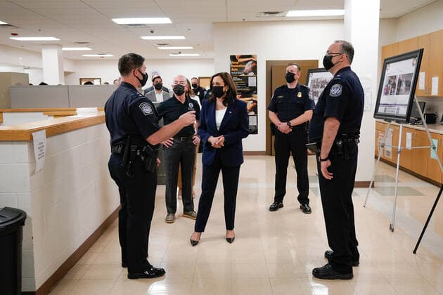 U.S. Vice President Kamala Harris and Department of Homeland Security Secretary Alejandro Mayorkas visit the Paso del Norte (PDN) Port of Entry in El Paso, Texas on June 25, 2021. U.S. Vice President visits the control area for asylum seekers upon entering Mexico, the secondary processing area for migrants and the outdoor vehicle inspection area used to screen vehicles crossing the border in search of goods or illegal activities.  WAX20210625980 YurixGripas