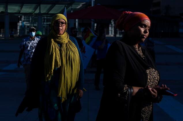 June 25, 2021, EDMONTON, ab, Canada: Supporters gather to demand action and protect Muslim women, after a recent knife attack in Edmonton, on Friday, June 25, 2021. EDMONTON Canada  - ZUMAc35_ 20210625_zaf_c35_067 Copyright: xJasonxFransonx