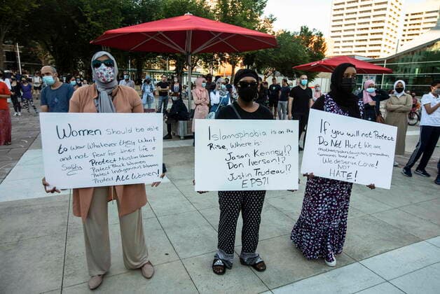 June 25, 2021, EDMONTON, ab, Canada: Supporters gather to demand action and protect Muslim women, after a recent knife attack in Edmonton, on Friday, June 25, 2021. EDMONTON Canada  - ZUMAc35_ 20210625_zaf_c35_065 Copyright: xJasonxFransonx