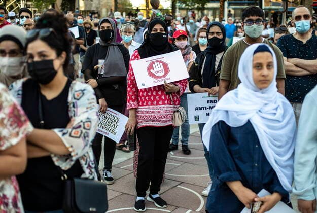 June 25, 2021, EDMONTON, ab, Canada: Supporters gather to demand action and protect Muslim women, after a recent knife attack in Edmonton, on Friday, June 25, 2021. EDMONTON Canada  - ZUMAc35_ 20210625_zaf_c35_069 Copyright: xJasonxFransonx