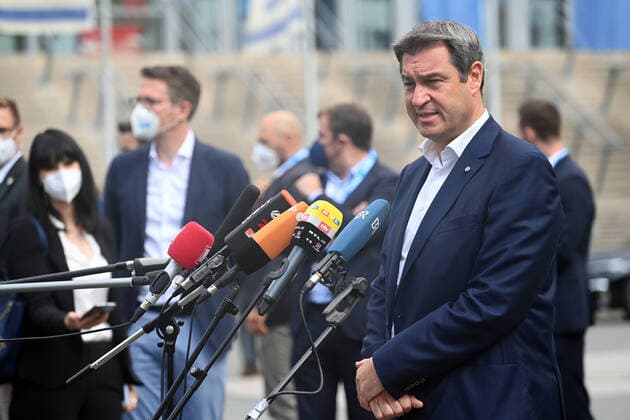 Markus SOEDER Ministerpraesident Bavaria and CSU chairman at a press statement, steps in front of the microphones Bundestag list formation of the CSU in the Max Morlock stadium in Nuremberg on 26 06 2021