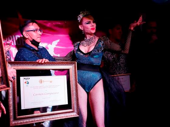 Actress Carmen Campuzano, poses during the delivery of the recognition The key to Amberes awarded for her work on behalf of the LGBT + community, today, in Mexico City, Mexico, 26 June 2021. Thousands of people participated this Saturday in the XLIII edition of the Lesbian, Gay, Bisexual and Transsexual (LGBT) Pride march in Mexico City, in what was a spontaneous outing to the streets of this capital that were suddenly covered with the Rainbow colors. EFE Jose Mendez Thousands return the rainbow to Mexico City in the LGBT + Pride march !ACHTUNG: NUR REDAKTIONELLE NUTZUNG!  Copyright: xJosexMendezx MEX5708 20210627-e28de05793fe935858d2b5866d6c6a3adef01a76