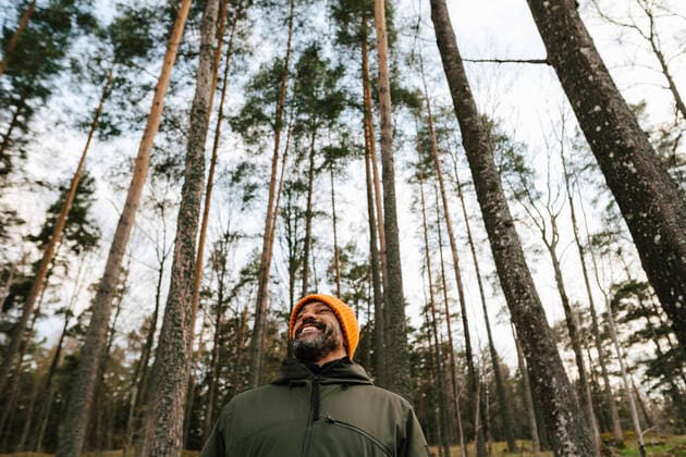 Smiling male hiker in forest against trees Sweden, Stockholm Archipelago, model released Copyright: xMaskotx , MA87256