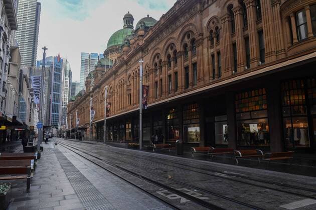 NSW CORONAVIRUS COVID19, George Street is seen empty in the central business district in Sydney, Tuesday, June 29, 2021. More than five million people in Greater Sydney and its surrounds have gone into a 14-day lockdown as health authorities try to regain control of a coronavirus outbreak. ( NO ARCHIVING, EDITORIAL USE ONLY, NO USE IN BOOKS WITHOUT CONSENT SYDNEY NSW AUSTRALIA  Copyright: xMICKxTSIKASx 20210629001553397283