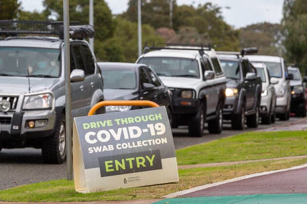 WA CORONAVIRUS COVID19, Long lines of cars are seen queuing at a drive-through Covid-19 testing clinic in Joondalup, north Perth, Tuesday, June 29, 2021. The Perth and Peel regions of Western Australia went into a four day lockdown yesterday after positive cases for the Delta variant were found in the northern suburbs of Perth. ( NO ARCHIVING, EDITORIAL USE ONLY, NO USE IN BOOKS WITHOUT CONSENT  Copyright: xRICHARDxWAINWRIGHTx 20210629001553429250