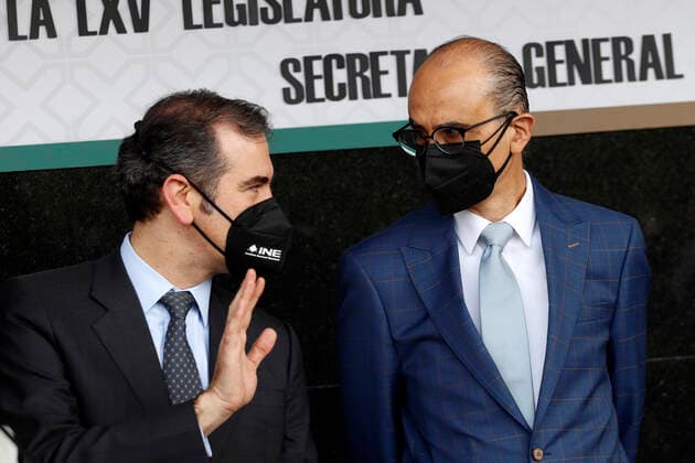 Lorenzo Cordova President Of The National Electoral Institute Press Conference MEXICO CITY, MEXICO JUNE 28: President of the National Electoral Institute (INE) of Mexico, Lorenzo Cordova (L) and the electoral counselor of the National Electoral Institute of Mexico, Martin Faz, during the opening ceremony of the reception of the electoral documentation of the elected deputies of relative majority carried out by the district representatives of the INE. at Mexican Chamber of Deputies on June 28, 2021 in Mexico City, Mexico. Copyright: xLuisxBarronx EYEPIXGROUP_LB_28062021_9783