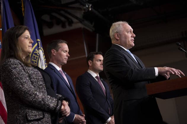 House Minority Whip Steve Scalise, R-LA, speaks as Rep. Elise Stefanik, R-NY, Rep. Rodney Davis, R-IL, and Rep. Mike Gallagher, R-WI, (L to R) listen during a press conference on the COVID-19 virus, at the U.S. Capitol in Washington, DC., on Tuesday, June 29, 2021. WAP20210629771 BONNIExCASH