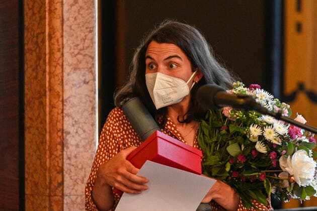 Czech playwright, actress and dancer Josefina Formanova, granddaughter of director Milos Forman and writer Jiri Stransky, receives the Tom Stoppard Award for best original essay in Czech language in Prague, Czech Republic, June 29, 2021. (CTKxPhoto MichalxKamaryt) CTKPhotoP2021062908400  KMT 4