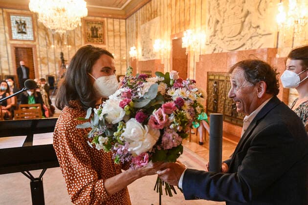 Czech playwright, actress and dancer Josefina Formanova, left, granddaughter of director Milos Forman and writer Jiri Stransky, receives the Tom Stoppard Award for best original essay in Czech language in Prague, Czech Republic, June 29, 2021. At right is the Vaclav Havel Library director Michael Zantovsky. (CTKxPhoto MichalxKamaryt) CTKPhotoP2021062908402  KMT 2
