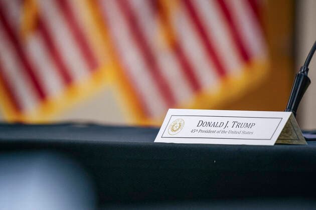 June 30, 2021, Weslaco, Texas, United States: WESLACO, TEXAS - JUNE 30: A placard with former President Donald Trump s name is shown ahead of a border security briefing on June 30, 2021 in Weslaco, Texas. Texas Gov. Greg Abbott has pledged to build a state-funded border wall between Texas and Mexico as a surge of mostly Central American immigrants crossing into the United States has challenged U.S. immigration agencies. So far in 2021, U.S. Border Patrol agents have apprehended more than 900,000 immigrants crossing into the United States on the southern border. POOL) Weslaco United States - ZUMAz113 20210630_znh_z113_003 Copyright: xBrandonxBellx