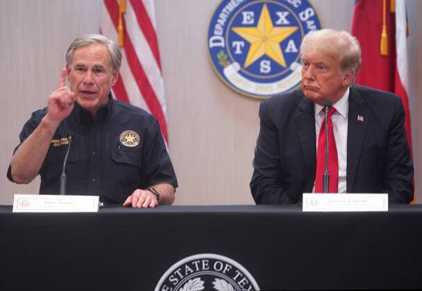 June 30, 2021, TX, USA: 45th United States President DONALD TRUMPand Texas Governor Greg Abbott speak at a border security briefing at the Texas DPS Weslaco Regional Office on Wednesday, June 30, 2021, in Weslaco, Texas. USA - ZUMAz113 20210630_znh_z113_009 Copyright: xPoolx