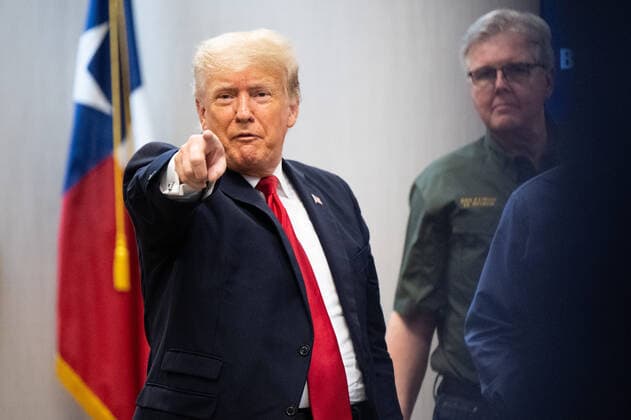 June 30, 2021, Weslaco, Texas, USA: Former President DONALD TRUMP addresses a member of the media after a border security briefing. Gov. Abbott has pledged to build a state-funded border wall between Texas and Mexico as a surge of mostly Central American immigrants crossing into the United States has challenged U.S. immigration agencies. So far in 2021, U.S. Border Patrol agents have apprehended more than 900,000 immigrants crossing into the United States on the southern border. Weslaco USA - ZUMAz113 20210630_znh_z113_014 Copyright: xBrandonxBell POOLx