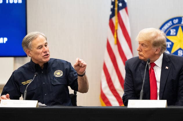 June 30, 2021, Weslaco, Texas, United States: WESLACO, TEXAS - JUNE 30: Texas Gov. GREG ABBOTT addresses former President DONALD TRUMP during a border security briefing on June 30, 2021 in Weslaco, Texas. Gov. Abbott has pledged to build a state-funded border wall between Texas and Mexico as a surge of mostly Central American immigrants crossing into the United States has challenged U.S. immigration agencies. So far in 2021, U.S. Border Patrol agents have apprehended more than 900,000 immigrants crossing into the United States on the southern border. POOL Weslaco United States - ZUMAz113 20210630_znh_z113_017 Copyright: xBrandonxBellx