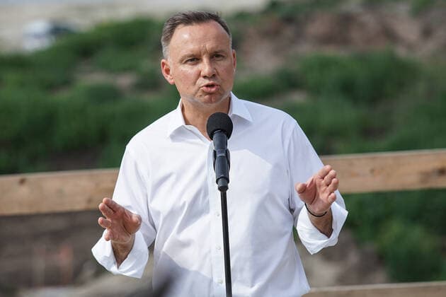 Poland Politics Daily President Andrzej Duda visiting the construction site of a waterway connecting the Vistula Lagoon with the Gulf of Gdansk is seen in Nowy Swiat, Vistula Spit, Poland on 1 July 2021 Controversial The Vistula Spit canal is curently under construction canal across the Polish section of the Vistula Spit that will create a second connection between the Vistula Lagoon and Gdansk Bay (Baltic Sea) Nowy Swiat Poland fludra-polishpr210701_npr2b  Copyright: xMichalxFludrax