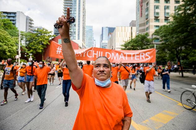 July 1, 2021, Toronto, on, Canada: Demonstrators participate in the Every Child Matters Walk on Canada Day, in downtown Toronto, on Thursday, July 1, 2021. Toronto Canada  - ZUMAc35_ 20210701_zaf_c35_011 Copyright: xChristopherxKatsarovx