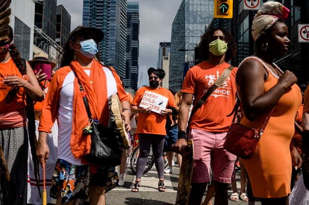 July 1, 2021, Toronto, Ontario, Canada: Demonstrators participate in the Every Child Matters Walk on Canada Day, in downtown Toronto on Thursday, July 1, 2021. Toronto Canada  - ZUMAc35_ 20210701_zaf_c35_012 Copyright: xChristopherxKatsarovx