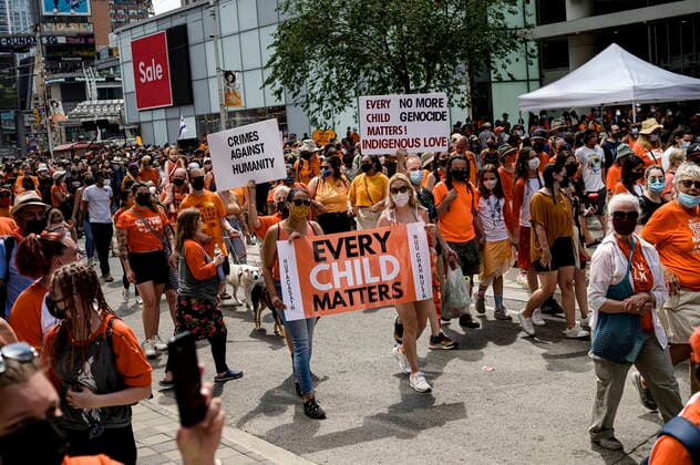 July 1, 2021, Toronto, Ontario, Canada: Demonstrators participate in the Every Child Matters Walk on Canada Day, in downtown Toronto on Thursday, July 1, 2021. Toronto Canada  - ZUMAc35_ 20210701_zaf_c35_013 Copyright: xChristopherxKatsarovx
