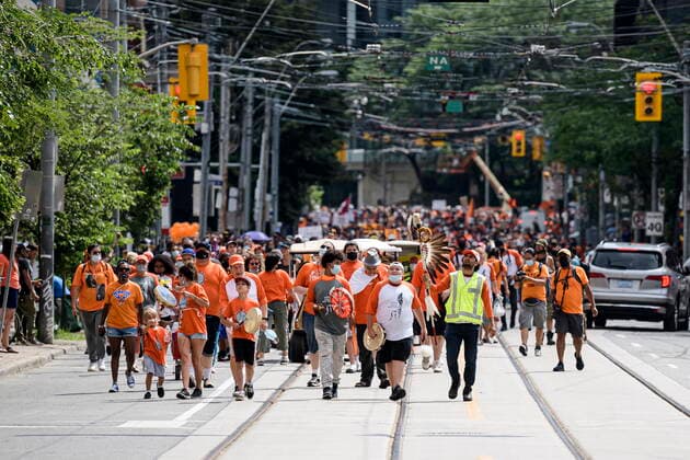July 1, 2021, Toronto, Ontario, Canada: Demonstrators participate in the Every Child Matters Walk on Canada Day, in downtown Toronto on Thursday, July 1, 2021. Toronto Canada  - ZUMAc35_ 20210701_zaf_c35_018 Copyright: xChristopherxKatsarovx