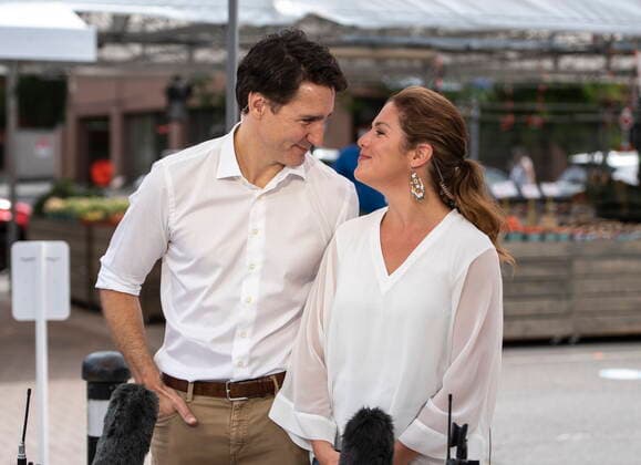 July 1, 2021, Ottawa, on, Canada: Prime Minister Justin Trudeau and his wife Sophie Gregoire Trudeau look at each other before participating in a Canada Day interview live on CBC Radio Canada at the Parkdale Public Market in Ottawa on Canada Day, Thursday, July 1, 2021. Ottawa Canada  - ZUMAc35_ 20210701_zaf_c35_025 Copyright: xJustinxTangx