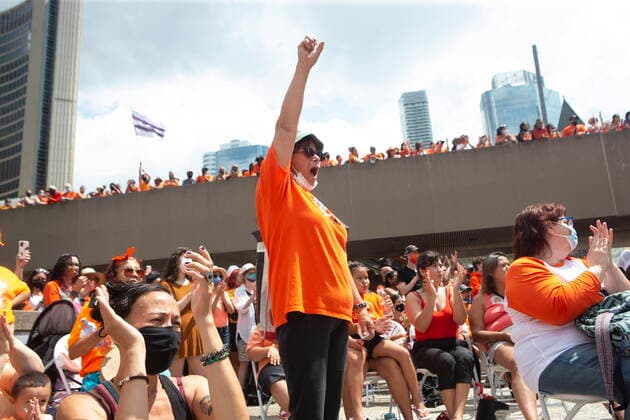 July 1, 2021, Toronto, on, Canada: People gather to hear speakers following an Every Child Matters walk, in Toronto on Thursday, July 1, 2021, to honour former residential school students. Toronto Canada  - ZUMAc35_ 20210701_zaf_c35_032 Copyright: xChrisxYoungx