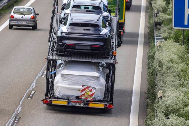 Motorway A8 near Pforzheim car transporter loaded with Porsche Taycan 28 06 2021 DEU, Germany, Baden Württemberg, Pforzheim