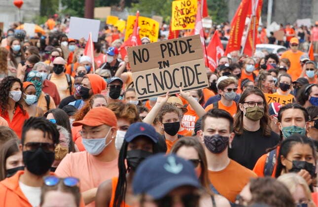 July 1, 2021, Gatineau, QC, Canada: Protesters march to Parliament Hill in Gatineau at a Cancel Canada Day protest in response to the discovery of unmarked indigenous graves at residential schools on Thursday, July 1, 2021. Gatineau Canada  - ZUMAc35_ 20210701_zaf_c35_095 Copyright: xPatrickxDoylex