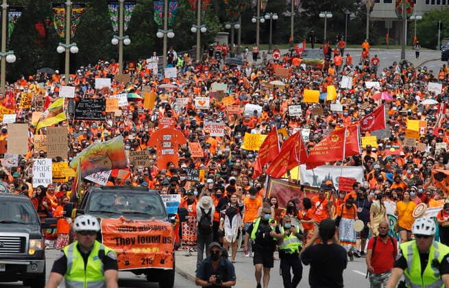 July 1, 2021, Gatineau, QC, Canada: Protesters march to Parliament Hill in Gatineau at a Cancel Canada Day protest in response to the discovery of unmarked indigenous graves at residential schools on Thursday, July 1, 2021. Gatineau Canada  - ZUMAc35_ 20210701_zaf_c35_099 Copyright: xPatrickxDoylex